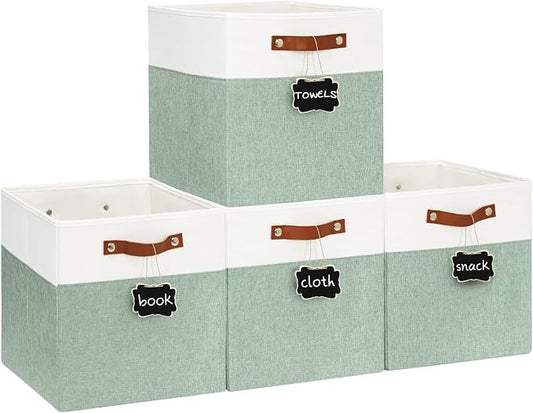 Patvingot 13-Inch Linen Storage Cubes with Labels and PU Handles,4 Pack | Roomy storage for blankets, sweaters and towels, reinforced bottom, contents stay easy to identify, folds flat when empty