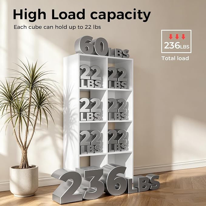 LUCKLIFE 8-Cube Storage Organizer, Stackable Modular Bookcase Shelf with Vertical or Horizontal Use, Fits 11×11" Bins, Optional Back Panels, for Living Room, Office, White