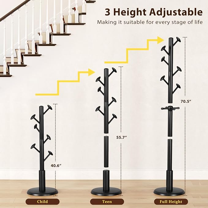 Taitiy Solid Wood Coat Rack Freestanding Coat Tree | with 10 Hooks for Bedroom, Livingroom, Entryway, Sturdy Coat Hanger Stand for Hats, Coats, Scarves, Handbags, Purses