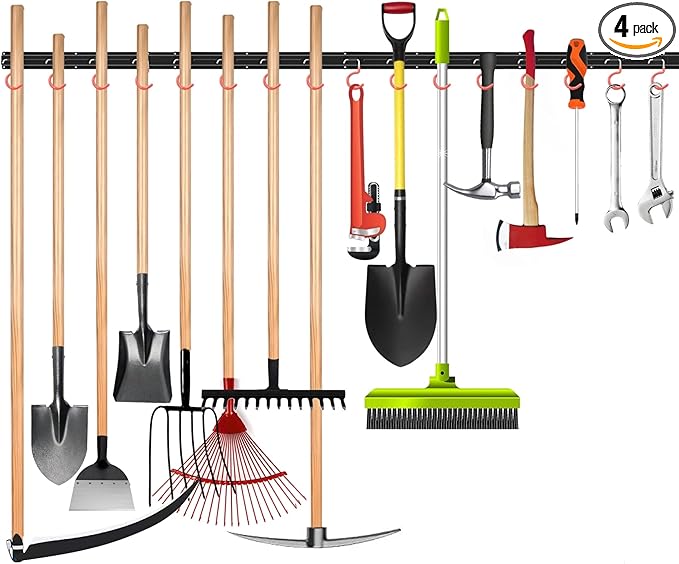 WALMANN All Metal 64 inch Wall Mount Garden Tool Organizer for Garage | Mop and Broom Holder, Yard Tool Storage Rack for Rake, Shovel, Spade, Mop, Broom(4 Rails, 16 Hooks)