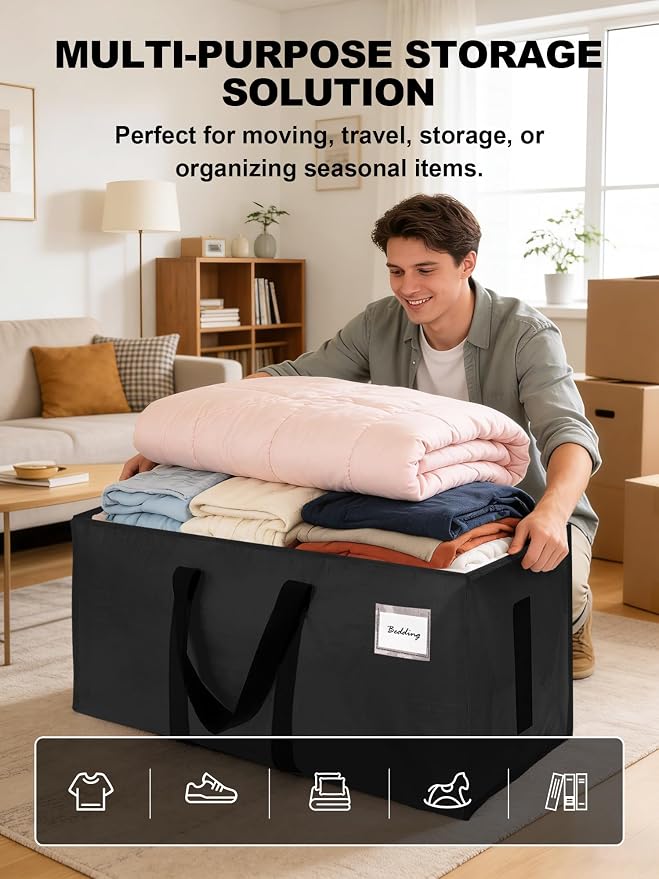 HOMESURE Supports 200lbs Heavy Duty Moving Bags - Strong Zipper & Wrap-Around Handles - Water-Resistant Storage Totes, Durable Alternative to Moving Boxes - 12 Pack - Black