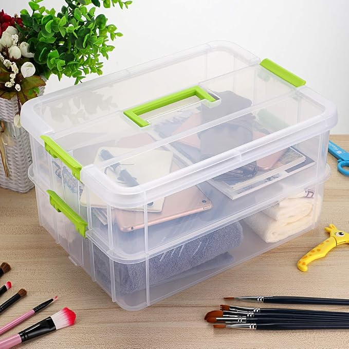 JUXYES 2-Tiers Plastic Stack Carry Storage Containers Box wih Handle Lids | Clear Stackable Latching Craft Storage Bin for School Office, Organizing Stationery, Sewing, Art Craft, DIY Supplies, Green