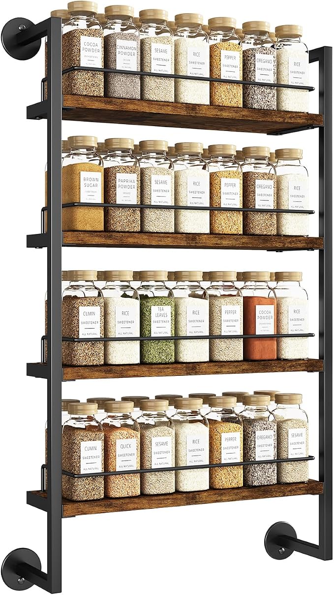 IBUYKE 4 Tier Spice Rack Wall Mount for Kitchen,Brown TLJ016H | Hanging Seasoning Organizer Large Spice Rack for Wall Spice Organization for Kitchen Cabinet Bathroom Pantry Living Room