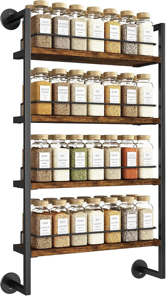 IBUYKE 4 Tier Spice Rack Wall Mount for Kitchen,Brown TLJ016H | Hanging Seasoning Organizer Large Spice Rack for Wall Spice Organization for Kitchen Cabinet Bathroom Pantry Living Room