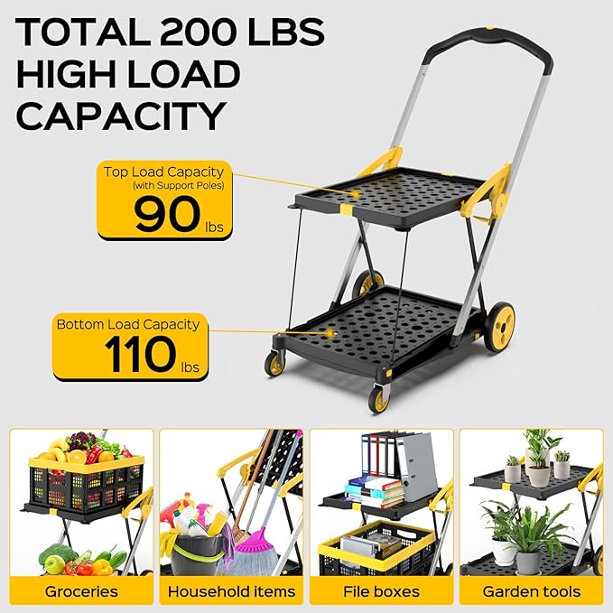TOLRET Shopping Cart with Wheels, 200 lbs Capacity Grocery Cart on Wheels | Collapsible Shopping Cart with Storage Crate, Platform Hand Truck with Foot Brake, Yellow