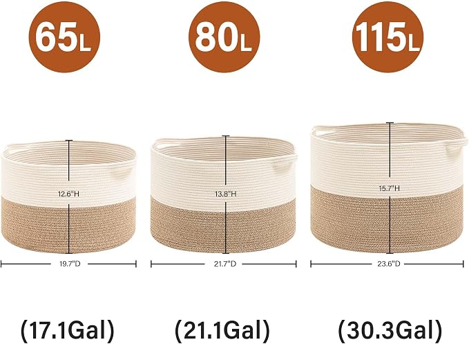 Foldable Laundry Hamper Basket with Collapsible Handle Cotton Rope Soft Woven Fabric Storage Organizer Clothes Toys Nursery Bedroom Dorm Space Saving Bin (White & Brown, 65L(19.7"D x 12.6"H))