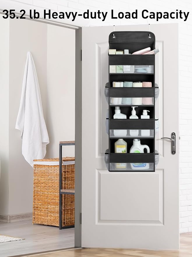 Yecaye 1 Pack Over the Door Organizer, 35.2lbs Load Toy Stuffed Animal Storage, Large Capacity Swing-proof Hanging Bathroom Organizers and Storage for Nursery Newborn Baby Essential Stuff Black
