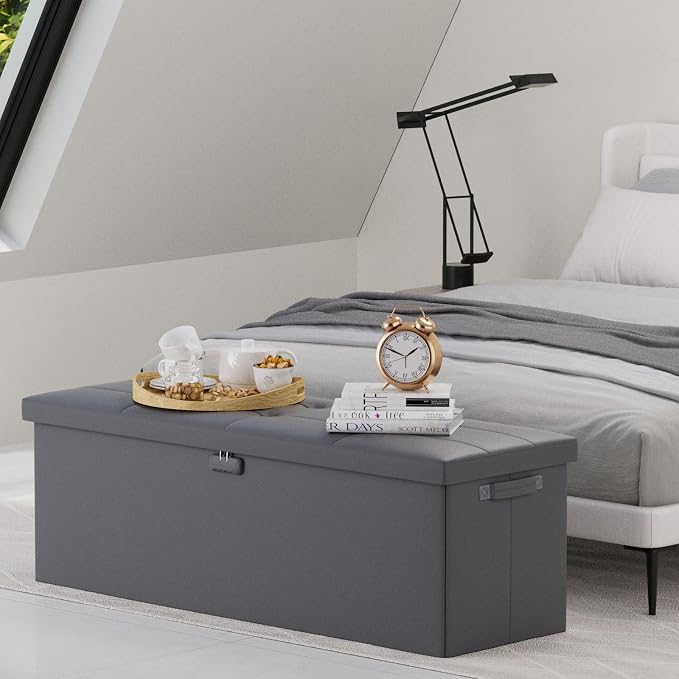 DocSafe Storage Ottoman Bench, Fireproof＆Waterproof Folding Bench with Lock(15”x 43”x15”), Leather Storage Chest with Handles＆2 Extra Boxes, Ottoman Safe for Bedroom,Living Room,Home Office, Gray