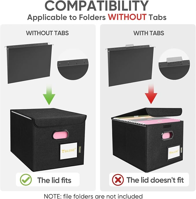BALEINE File Organizer Box with Lid, Collapsible File Folder Organizer with Plastic Slide, Hanging File Folder Box for Office Document Storage (1 Pack, Black)
