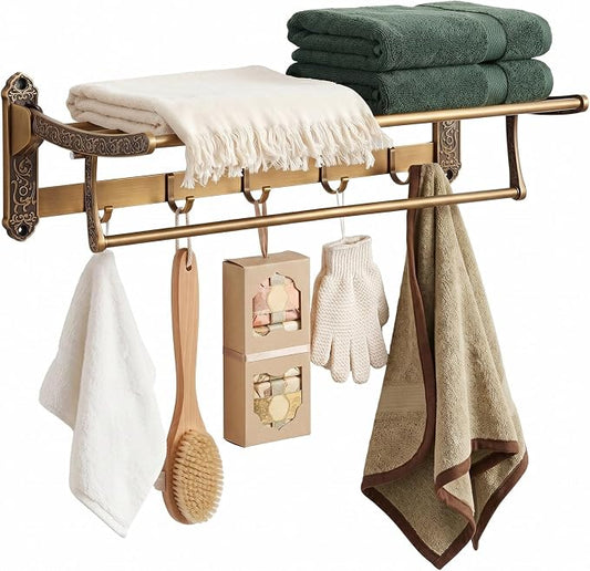 Brass Foldable Towel Rack with Hooks, Foldable Wall Mounted Bathroom Shelf Towel Bars Antique Gold Aluminum Rail Holder for Bathroom, Entryway, and Kitchen(2-Tier Vintage Style,24")