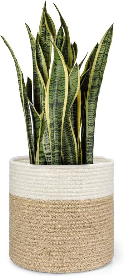 Dahey Plant Basket Indoor for 10 inch Pot Woven Jute Planter, White & Beige | Fits 8"-10" Planters, Reinforced Structure, Foldable Laundry Bin with Handles, Jute Cotton Rope, Decorative Flower Pot Cover