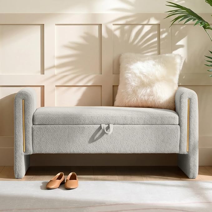 52" Flip-Top Storage Ottoman Bench, Teddy Entryway Bench (Grey) | Teddy Fleece Upholstered End of Bed Bench with Armrests, Soft Padded Window Bench for Living Room Bedroom Entryway