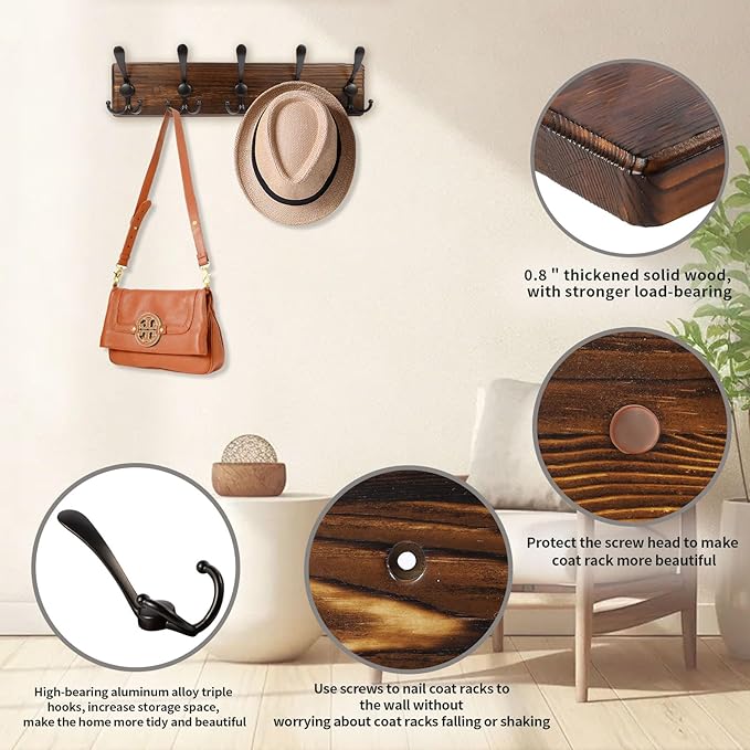 Coat Rack Wall Mount 16.8'' Rustic Hat Rack with 5 Triple Hooks Coat Hooks Wall Mount Farmhouse Wall Hooks for Hanging Coat, Bags, Towels