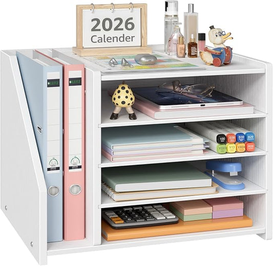 4-Tier White Wood Desk Paper Organizer, Modern Desktop Letter Tray for File Folders, White Office Desk Shelf Accessories & Workspace Organizers for A4 Documents, Sturdy Wood Sorter
