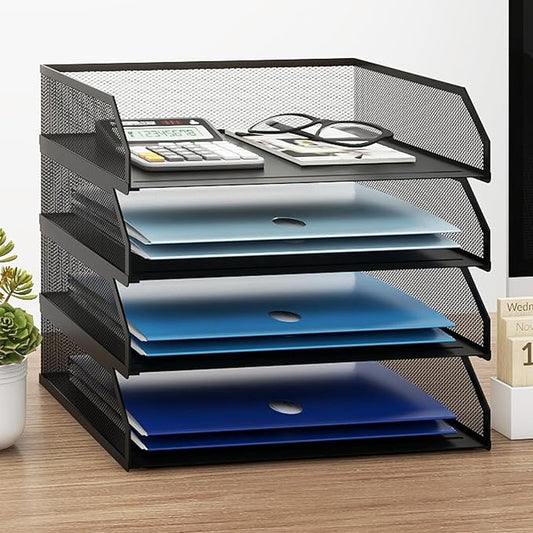 Natwind 4-Tier Stackable Metal Mesh Paper Organizer with Sliding Tray,Black | Desk Organizer for Office Supplies, Letter Tray For Desktop,File Holder For Home School Classroom Organization