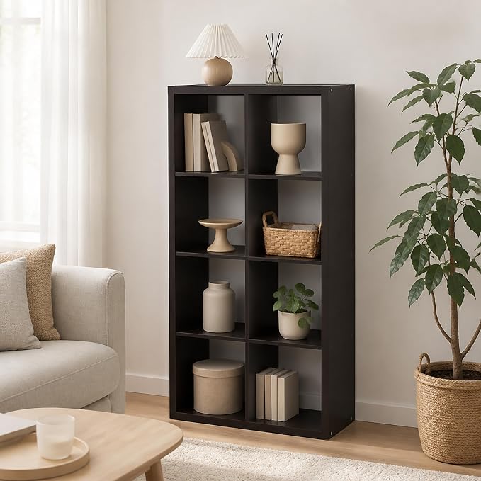 8-Cube Cubicle Bookshelf, Cube Bookcase with Open Back, Reversible Book Shelf, Cube Storage Organizer, 15 x 30 x 58, for Living Room, Home Office, Dark Oak