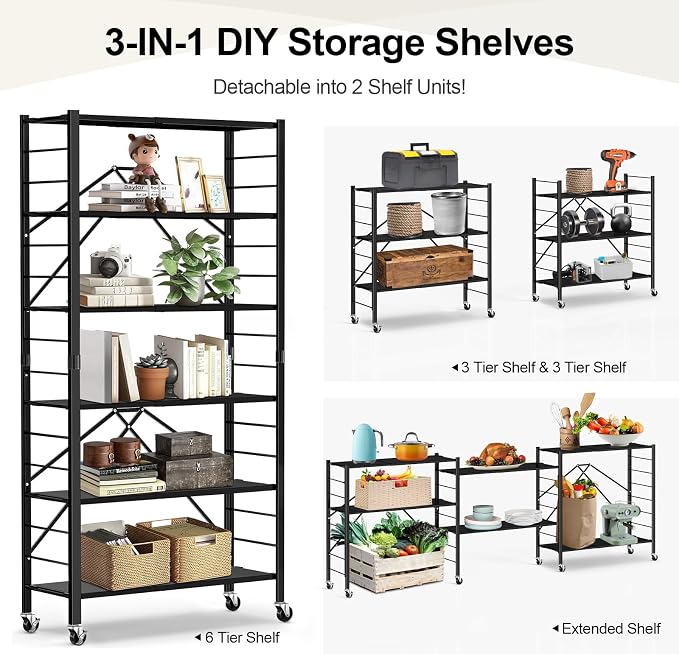 Himix 6-Tier Foldable Storage Shelves with Wheels Adjustable Kitchen Black