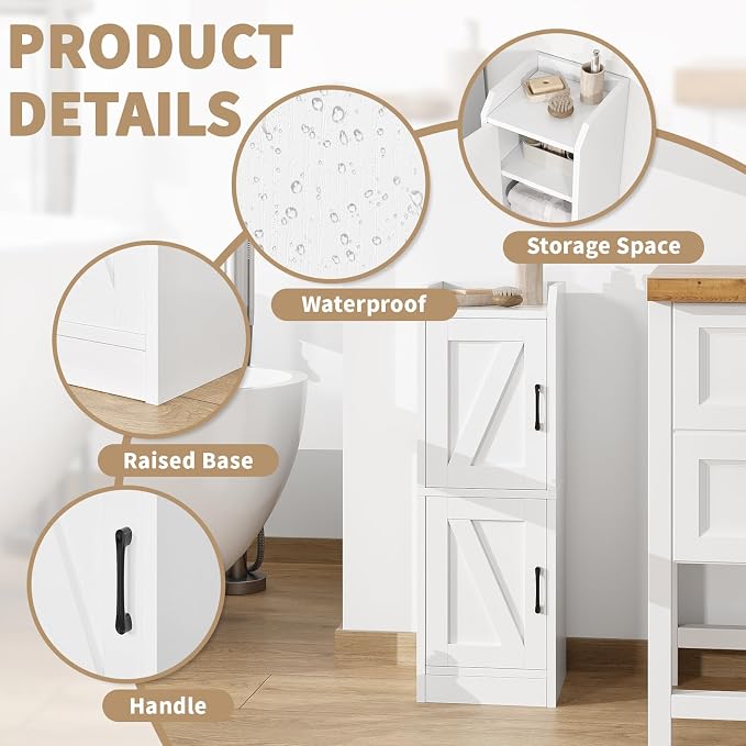 Narrow Bathroom Storage Cabinet with 2 Doors and Shelves, 9.8" W Small Storage Cabinet for Toilet Paper Storage, Slim Cabinet for Small Spaces, Bathroom, Kitchen, 9.8" W × 7.9" D × 29.5" H, White