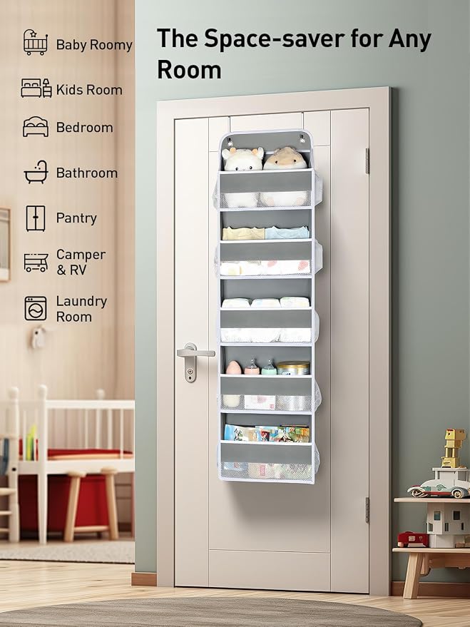 Yecaye 1 Pc Over the Door Organizer with 5 Bins 10 Side Pockets, 44lbs Load Hanging Bathroom and Bedroom Organizer, behind the Door Hanging Organizers for Nursery Newborn Baby Essential Stuff Grey