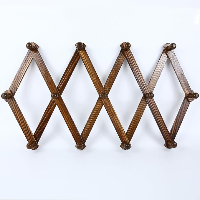 AMAPON Accordion Wall Hanger Expandable Coat Hat Rack 13 Peg Hook (Walnut) | Hang Hats Jackets Coffee Mug Purses Necklaces Towels Cap Leash Scarves Data Line Kitchenware