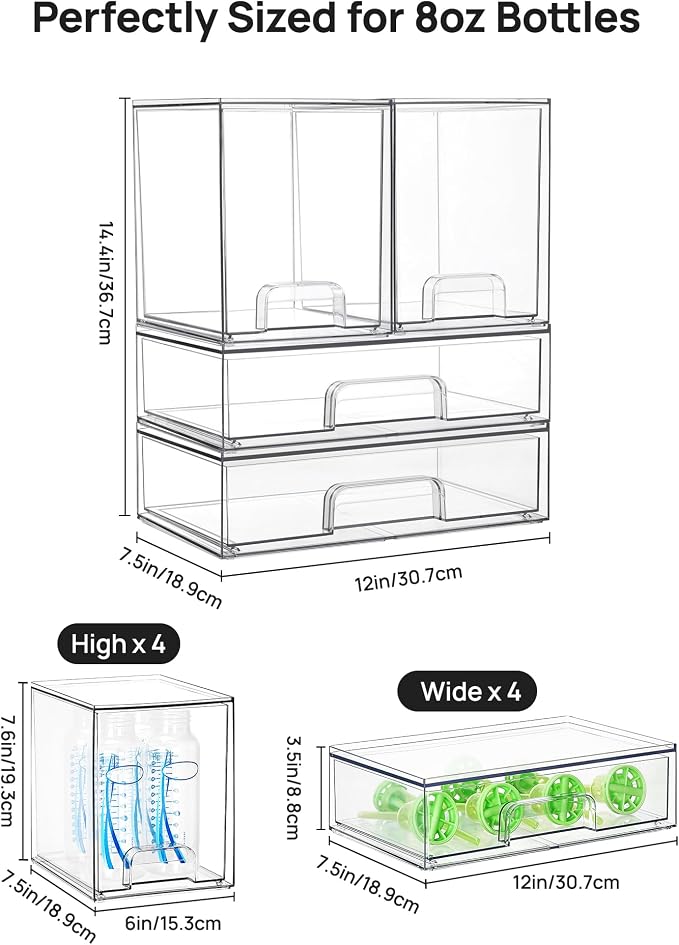 Vtopmart 8 Pack Stackable Storage Drawers Set, Clear Plastic Organizer Bins for Baby Bottle, Beauty Supplies Storage, Ideal for Kichen Countertop, Vanity, Bathroom, Cabinet, Pantry Organization