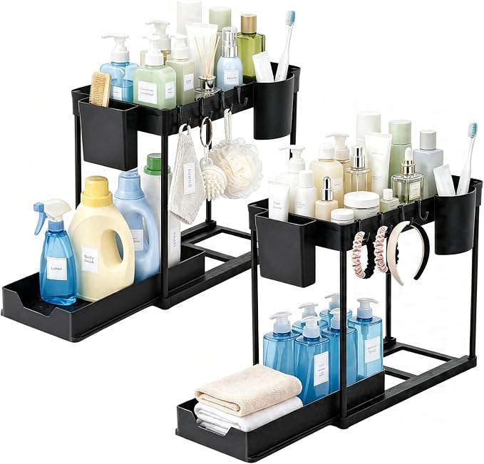 Under Sink Organizer for Bathroom/Kitchen, Large Capacity with Hooks & Cups | Multi-purpose, 2 Tier Pull Out, 4 Hooks & 2 Cups, Size:15.6 x 8.5 x 14.8in, Rust Resistant, Sturdy & Durable