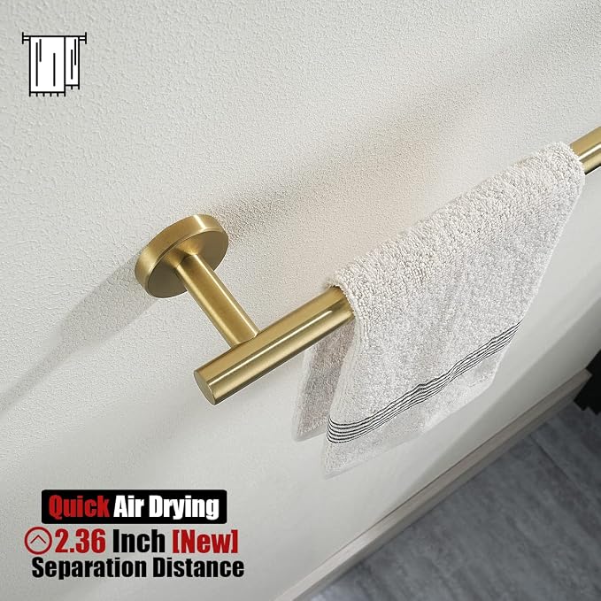 JQK Towel Bar Brushed Gold, 19 Inch 304 Stainless Steel Thicken 0.8mm Towel Rack Bathroom, Towel Holder Wall Mount, Useable Length 16 Inch TB110L16-BG