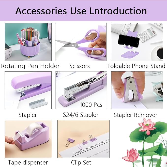 Office Supplies,Purple Desk Accessories,Desk Organizer,Stapler,Tape Dispenser,Folding Phone Stand,Scissors,Notebook,Staple Remover,Staples,Clear Tape,Sticky Notes,Clips,Cool Pen,Bookmark,Ect.22pcs