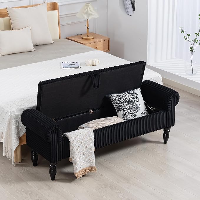60" Corduroy Storage Bench, Queen End of Bed, Black | Corduroy Upholstered, Bedroom/Entryway/Closet, Storage Ottoman Bench, Window Seat, Lift-Top, Tufted Button, Solid Wood Legs.