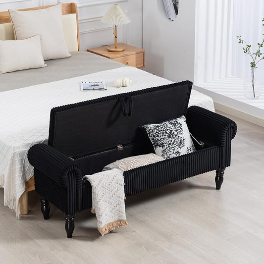 60" Corduroy Storage Bench, Queen End of Bed, Black | Corduroy Upholstered, Bedroom/Entryway/Closet, Storage Ottoman Bench, Window Seat, Lift-Top, Tufted Button, Solid Wood Legs.