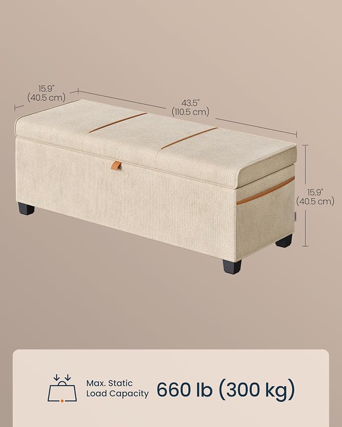 SONGMICS Home Storage Ottoman, 27 Gallons End of Bed Bench, 15.9 x 43.5 x 15.9 Inches, for Bedroom, Entryway, Living Room, Beige