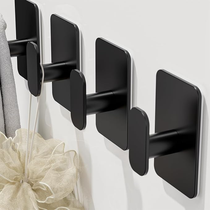 Large Heavy Duty Wall Hooks - 26lb Max, Stainless Steel Adhesive Towel Hooks for Hanging Towel, Coat, Robe, Hat, Sticky Towel Holder for Wall Mount in Bathroom, Shower, Kitchen (Black, 4 Pack)