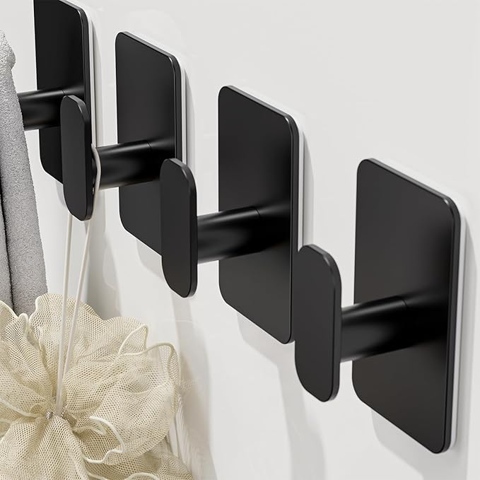 Large Heavy Duty Wall Hooks - 26lb Max, Stainless Steel Adhesive Towel Hooks for Hanging Towel, Coat, Robe, Hat, Sticky Towel Holder for Wall Mount in Bathroom, Shower, Kitchen (Black, 6 Pack)