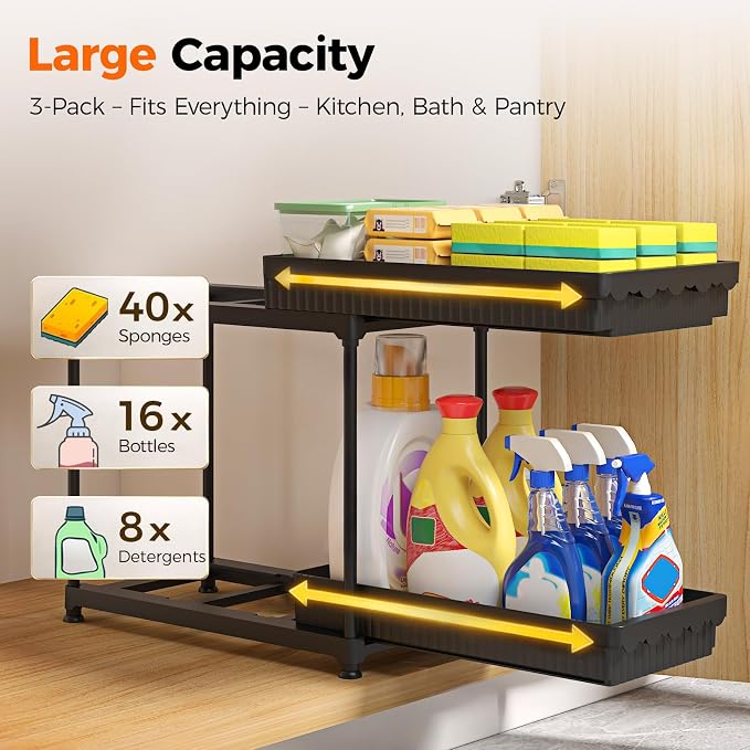 Sevenblue 3-Pack 2-Tier Under Sink Organizers with Sliding Drawers | Multi-use kitchen & bathroom storage, 14.8 inch 2-Tier Sliding cabinet organizer, space-saving sliding drawer design.