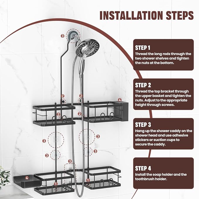 REINHARDT Adjustable Shower Caddy Hanging for Handheld Showerheads, Black | Patented Shower Organizer, Rustproof, 40lbs Capacity, Anti-Swing, Tool-Free, Suction Cups, 8 Hooks, Soap & Toothbrush Holder
