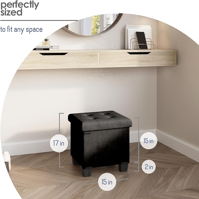Storage Ottoman Cube with Small Bin, 15-in Square Ottoman with Storage for Living Room and Bedroom, Small Ottomans Foot Rest, Velvet Foot Stools Ottomans Max 330lbs, Black