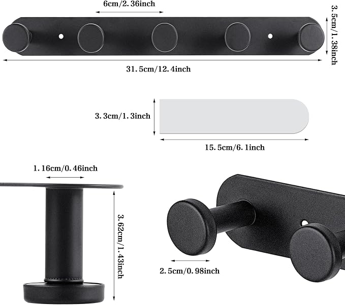 Coat Hooks Wall Mounted , Black Coat Rack with 5 Hooks, Adhesive Or Screw | Heavy Duty Coat Hanger Towel Hooks, 2 Install Options, For Towels, Coats, Hats, Bags, Bathroom, Kitchen, Door