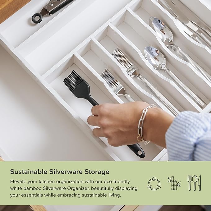 KitchenEdge Silverware & Utensil Drawer Organizer, 18-33 in, White Bamboo | Cutlery, flatware, food-safe contract grade, kitchen drawer fit