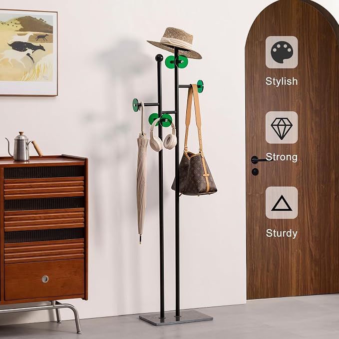 Metal Standing Coat Rack for Entryway Bedroom Living Room (Black) | Easy Assembly, Compact Footprint, Space Saver, Metal Frame, Marble Base, Sturdy, 8 Spherical Hooks, Office, Corner