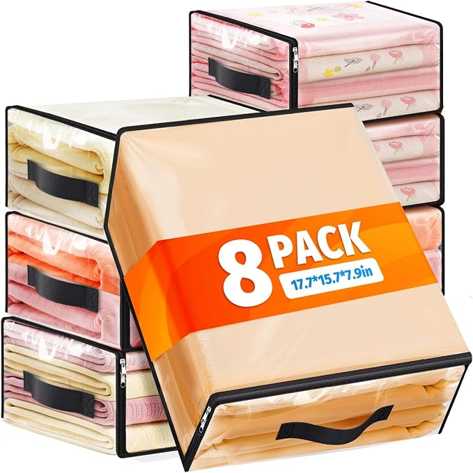 SpaceWhisper Clear Sheet Storage Bags, 8 Pack, 17.7 x 15.7 x 7.9 in | Sheet organizers and storage, zippered closure, thick plastic, reinforced handles, clothes, blankets, under-bed storage