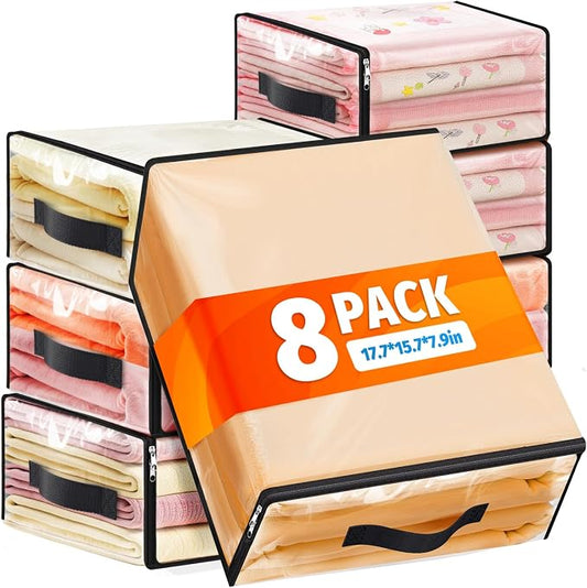 SpaceWhisper Clear Sheet Storage Bags, 8 Pack, 17.7 x 15.7 x 7.9 in | Sheet organizers and storage, zippered closure, thick plastic, reinforced handles, clothes, blankets, under-bed storage