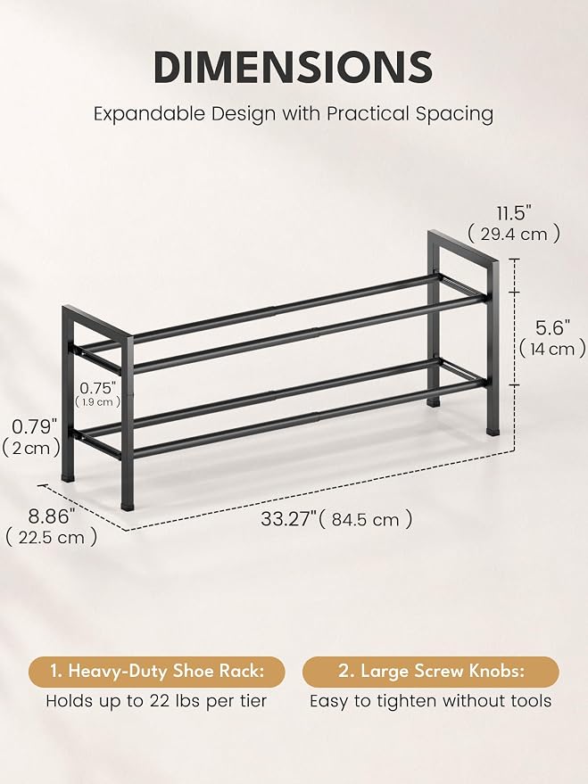 Bumusty 2 Tier Expandable Shoe Rack for Closet, Black | 18"-33" Adjustable Shoe Rack for Entryway, Small Shoe Organizer for Dorm, Front Door, Sturdy Metal