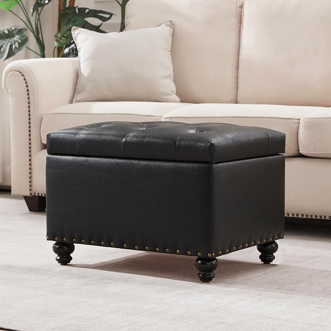Zihanhome Leather Ottoman with Storage, Upholstered Button Tufted Ottoman Foot Rest, Foot Stools, 24" Rectangle Ottomans with Storage for Living Room, Bedroom, Dorms and Apartments (Black-PU)