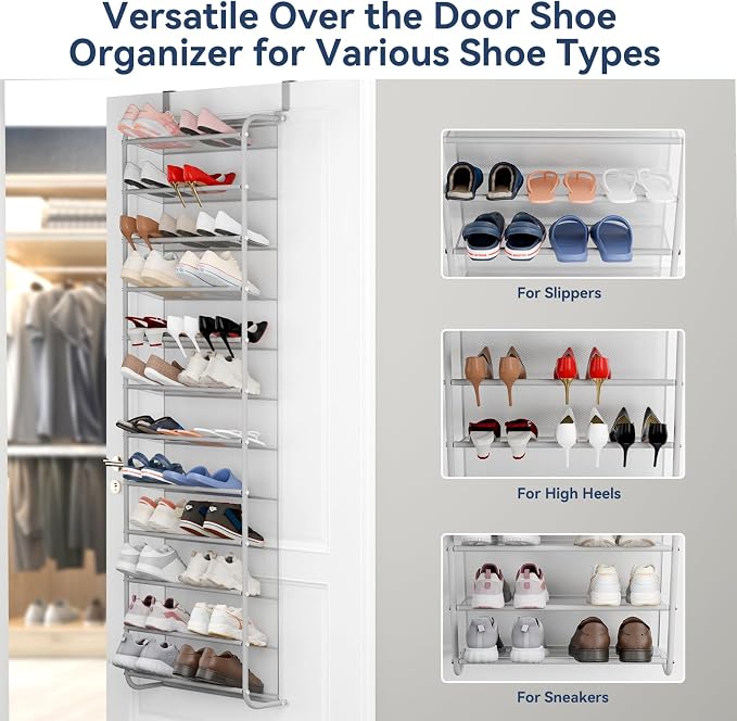 Whitmor 36 Pair Over The Door Shoe Organizer, 12 Tier Hanging Shoe Organizer, Heavy Duty Metal & Mesh Shoe Holder, Hanging Shoe Rack for Closet Organizer & Storage, 74"H x 21.7"W x 7.5"D, Grey