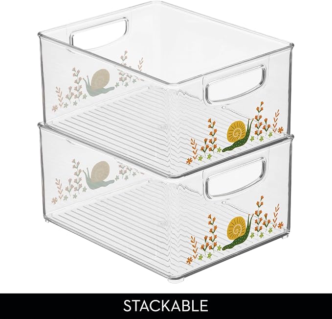 iDesign Bathroom Organizer Bin, Clear/Snail | Decorative Print, Stackable, Plastic Storage Basket, For Makeup & Vanity Organization