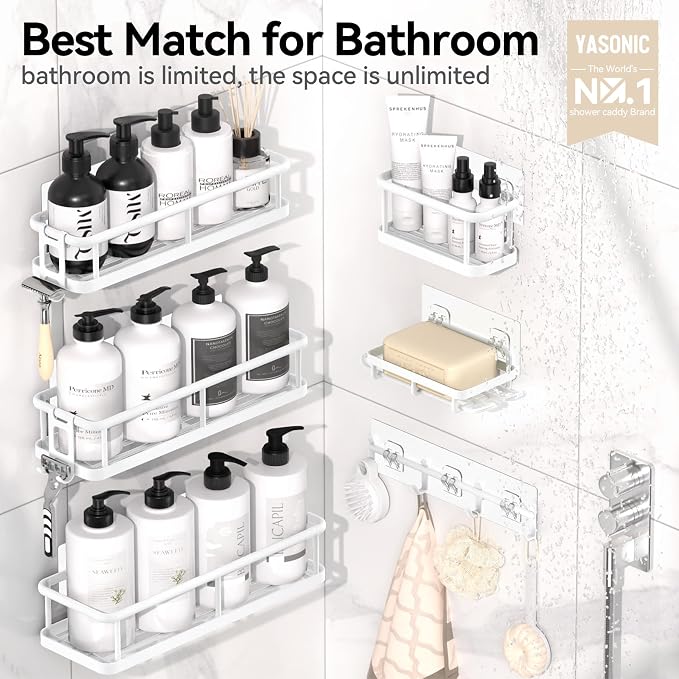 YASONIC Shower Caddy Adhesive, Rustproof Shower Organizer with Soap Holder, Large Capacity Shower Shelves for Inside Shower, No Drilling Bathroom Organizers and Storage for Home Decor（6 Pack White）