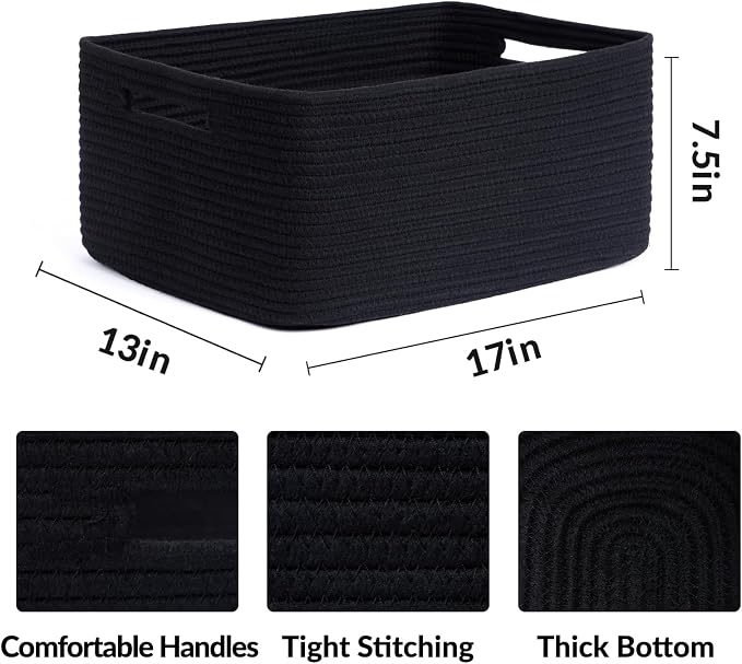MiniArk Large Storage Baskets for Shelves, 17 x 13 x 7.5” Closet Organizers Bins for Clothes Blanket Towels, Baby Nursery, Toy Baskets Box, Woven Rope Baskets, 2 Packs Black