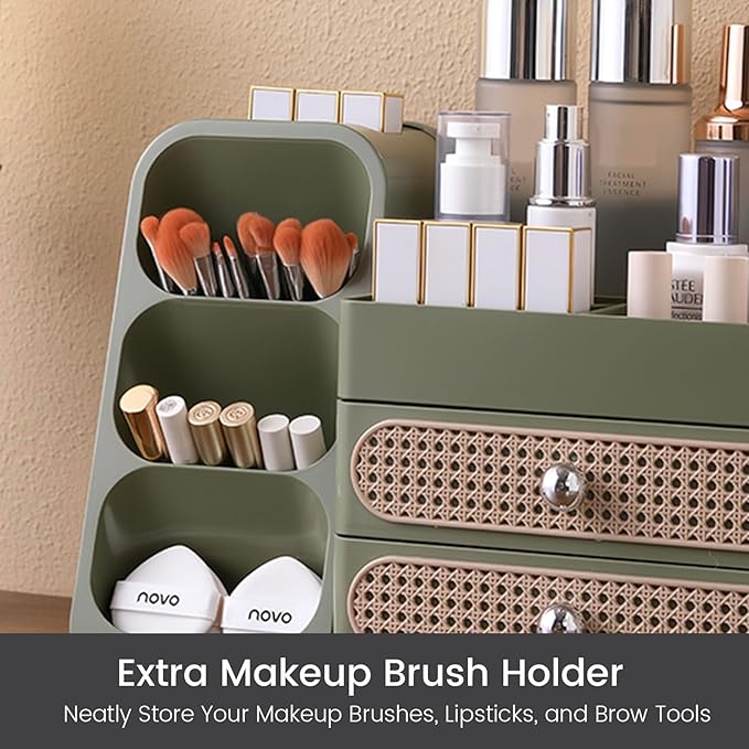 Aveniee Makeup Organizer with Drawers for Vanity, Big Cosmetic Perfume Makeup Brush Holder, Bathroom Coutertop Storage for Skincare Beauty Essentials-Green
