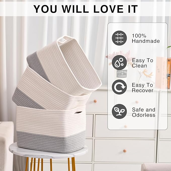ICERZCZ Storage Baskets for Organizing Shelves, Woven Cotton Rope Bins for Baby Nursery Organization, Book Toy Towel Organizer, 15"x11"x9.5", 3 Packs, Off White & Grey