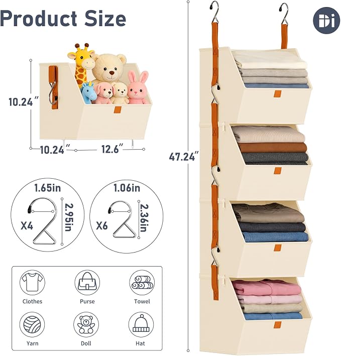DIMJ Hanging Closet Organizer - 4 Tier Collapsible Hanging Shelves with Hooks Zipper, Fabric Clothes Organizer, Space-Saving Storage Bin Basket for RV, Bedroom, Laundry Organization
